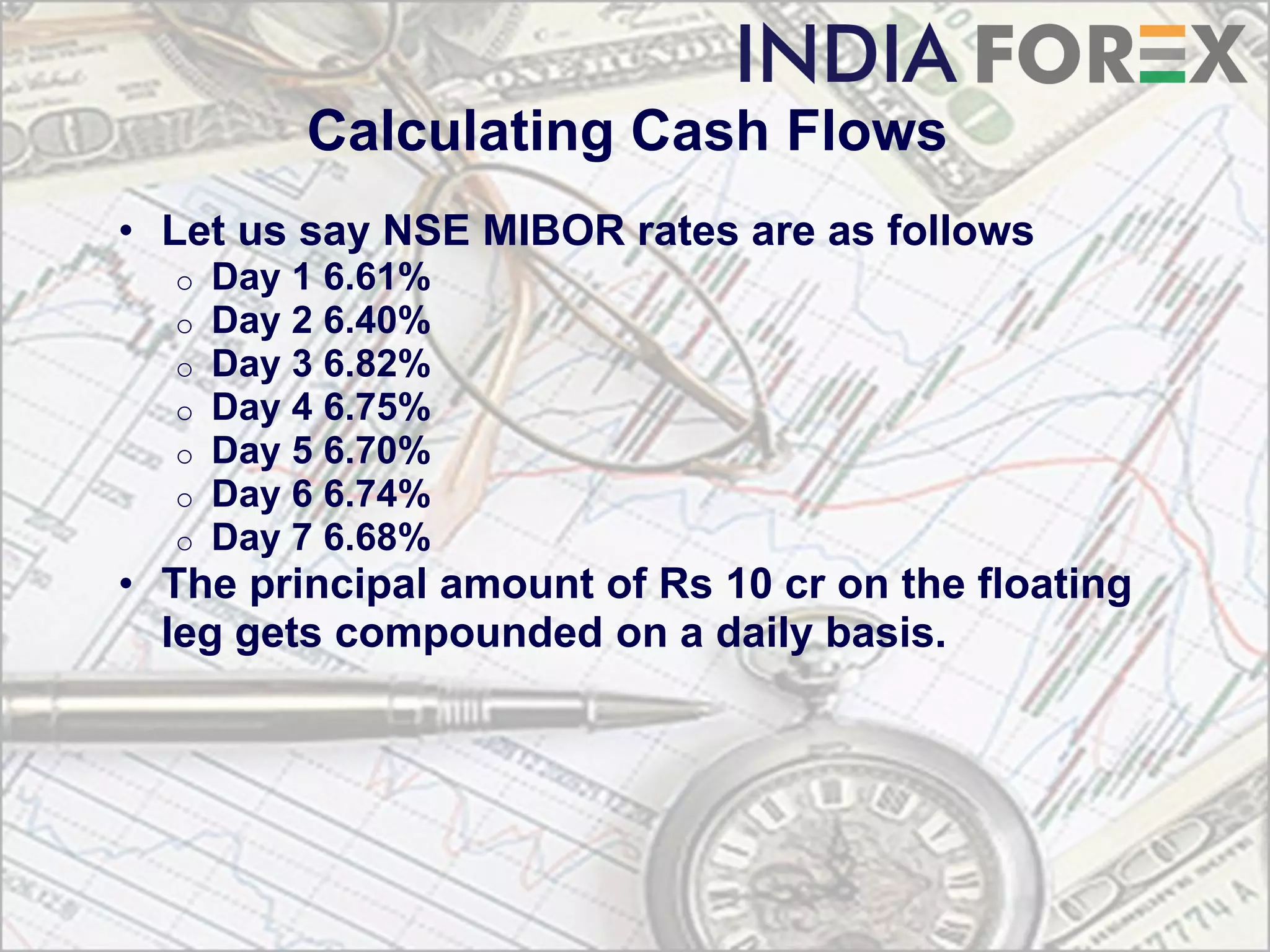 Calculating Cash Flows
• Let us say NSE MIBOR rates are as follows
  o   Day 1 6.61%
  o   Day 2 6.40%
  o   Day 3 6.82%
  o   Day 4 6.75%
  o   Day 5 6.70%
  o   Day 6 6.74%
  o   Day 7 6.68%
• The principal amount of Rs 10 cr on the floating
  leg gets compounded on a daily basis.
 