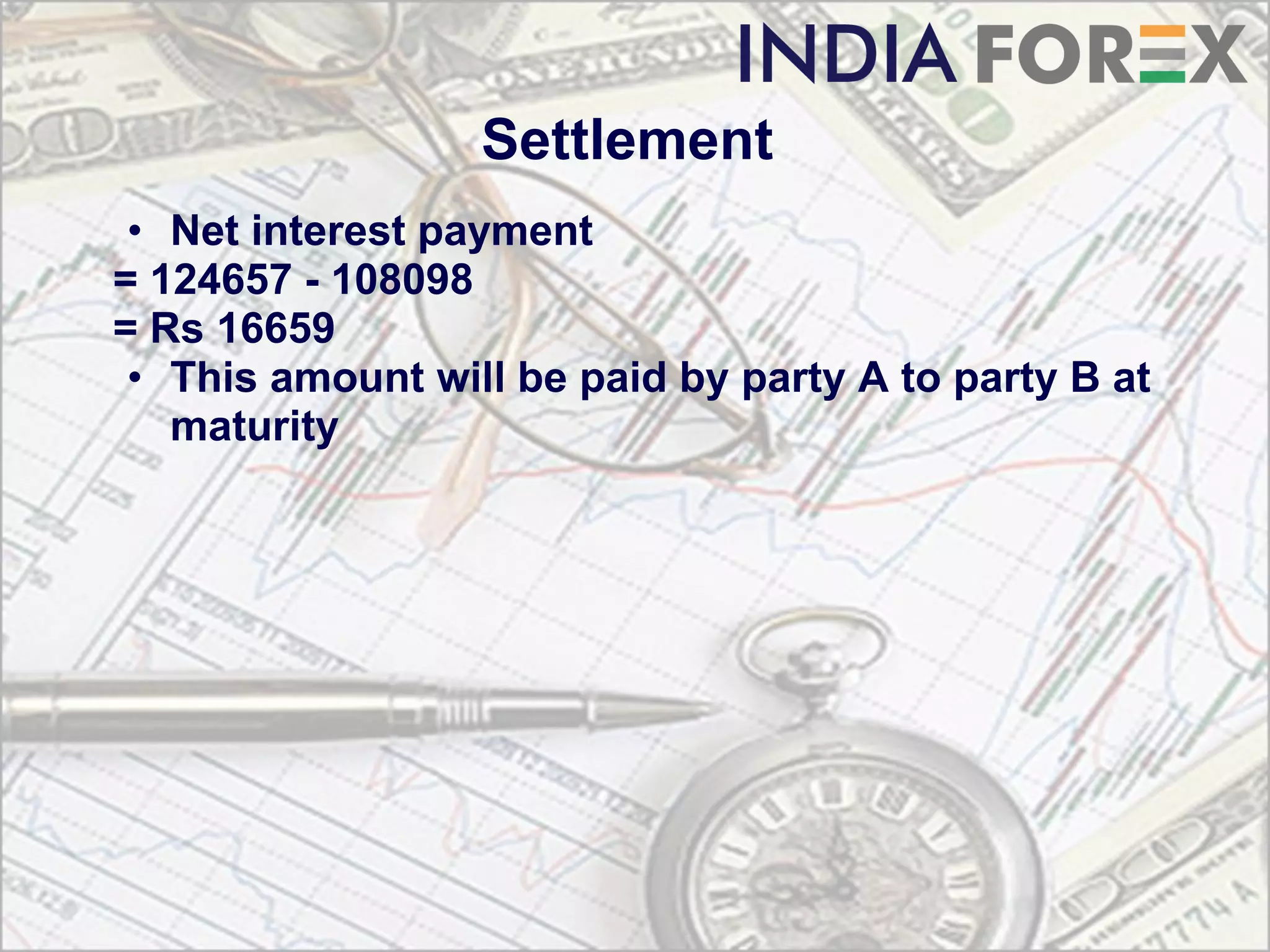 Settlement
 • Net interest payment
= 124657 - 108098
= Rs 16659
 • This amount will be paid by party A to party B at
   maturity
 
