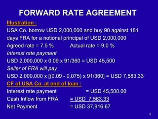9
FORWARD RATE AGREEMENT
Illustration :
USA Co. borrow USD 2,000,000 and buy 90 against 181
days FRA for a notional principal of USD 2,000,000
Agreed rate = 7.5 % Actual rate = 9.0 %
Interest rate payment
USD 2,000,000 x 0.09 x 91/360 = USD 45,500
Seller of FRA will pay
USD 2,000,000 x [(0.09 - 0.075) x 91/360] = USD 7,583.33
CF of USA Co. at end of loan :
Interest rate payment = USD 45,500.00
Cash Inflow from FRA = USD 7,583.33
Net Payment = USD 37,916.67
 