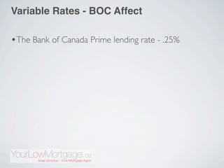 Variable Rates - BOC Affect

•The Bank of Canada Prime lending rate - .25%
 