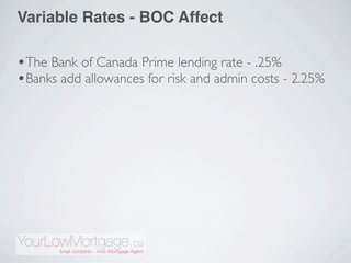 Variable Rates - BOC Affect

•The Bank of Canada Prime lending rate - .25%
•Banks add allowances for risk and admin costs - 2.25%
 