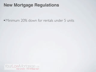New Mortgage Regulations


•Minimum 20% down for rentals under 5 units
 