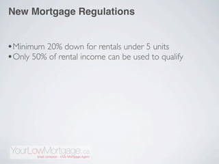 New Mortgage Regulations


•Minimum 20% down for rentals under 5 units
•Only 50% of rental income can be used to qualify
 