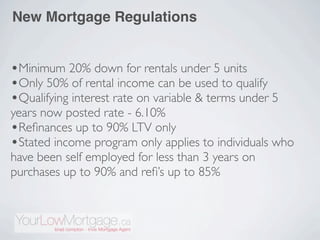 New Mortgage Regulations


•Minimum 20% down for rentals under 5 units
•Only 50% of rental income can be used to qualify
•Qualifying interest rate on variable & terms under 5
years now posted rate - 6.10%
•Reﬁnances up to 90% LTV only
•Stated income program only applies to individuals who
have been self employed for less than 3 years on
purchases up to 90% and reﬁ’s up to 85%
 