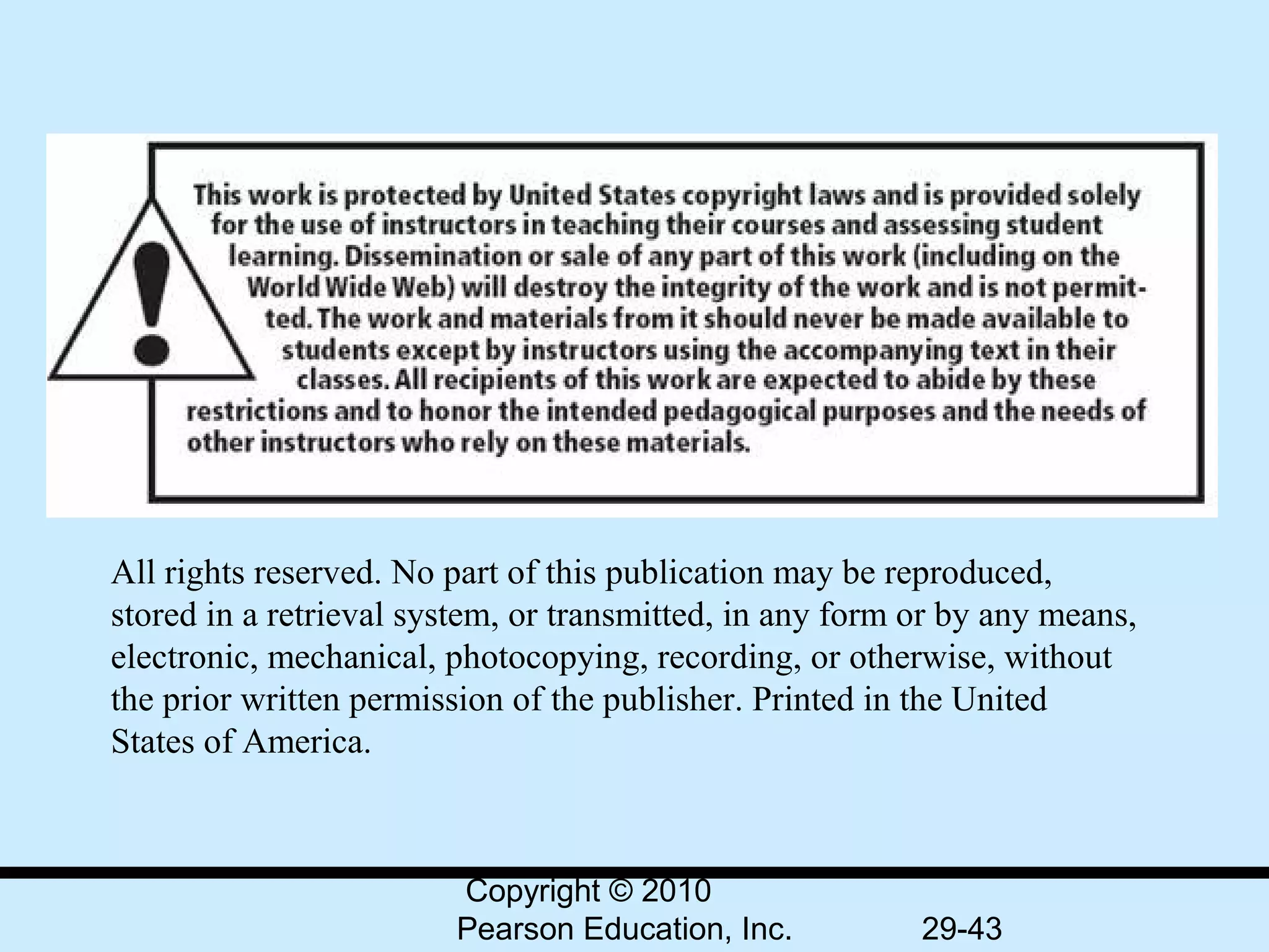 All rights reserved. No part of this publication may be reproduced,
stored in a retrieval system, or transmitted, in any form or by any means,
electronic, mechanical, photocopying, recording, or otherwise, without
the prior written permission of the publisher. Printed in the United
States of America.



                        Copyright © 2010
                        Pearson Education, Inc.           29-43
 