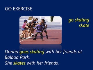 GO EXERCISE

                               go skating
                                    skate




Donna goes skating with her friends at
Balboa Park.
She skates with her friends.
 