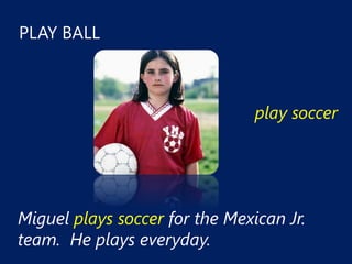 PLAY BALL



                                play soccer




Miguel plays soccer for the Mexican Jr.
team. He plays everyday.
 