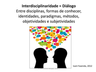 Interdisciplinaridade = Diálogo
Entre disciplinas, formas de conhecer,
identidades, paradigmas, métodos,
objetividades e subjetividades
Ivani Fazenda, 2012
© Prof. Simone Athayde, 2016
 