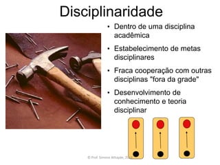Disciplinaridade
• Dentro de uma disciplina
acadêmica
• Estabelecimento de metas
disciplinares
• Fraca cooperação com outras
disciplinas "fora da grade"
• Desenvolvimento de
conhecimento e teoria
disciplinar
© Prof. Simone Athayde, 2016
 