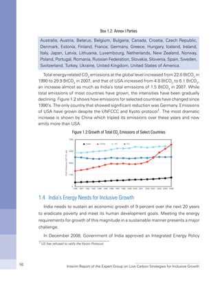 Interim Report of the Expert Group on Low Carbon Strategies for Inclusive Growth10
Box 1.2: Annex I Parties
Australia, Austria, Belarus, Belgium, Bulgaria, Canada, Croatia, Czech Republic,
Denmark, Estonia, Finland, France, Germany, Greece, Hungary, Iceland, Ireland,
Italy, Japan, Latvia, Lithuania, Luxembourg, Netherlands, New Zealand, Norway,
Poland, Portugal, Romania, Russian Federation, Slovakia, Slovenia, Spain, Sweden,
Switzerland, Turkey, Ukraine, United Kingdom, United States of America.
Total energy-related CO2
emissions at the global level increased from 22.0 BtCO2
in
1990 to 29.9 BtCO2
in 2007, and that of USA increased from 4.8 BtCO2
to 6.1 BtCO2
,
an increase almost as much as India’s total emissions of 1.5 BtCO2
in 2007. While
total emissions of most countries have grown, the intensities have been gradually
declining. Figure 1.2 shows how emissions for selected countries have changed since
1990’s. The only country that showed significant reduction was Germany. Emissions
of USA have grown despite the UNFCCC and Kyoto protocol1. The most dramatic
increase is shown by China which tripled its emissions over these years and now
emits more than USA.
Figure 1.2:Growth of Total CO2
Emissions of Select Countries
1 US has refused to ratify the Kyoto Protocol.
1.4	 India’s Energy Needs for Inclusive Growth
India needs to sustain an economic growth of 9 percent over the next 20 years
to eradicate poverty and meet its human development goals. Meeting the energy
requirements for growth of this magnitude in a sustainable manner presents a major
challenge.
In December 2008, Government of India approved an Integrated Energy Policy
 