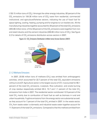 India’s Emission Structure 21
(138.15 million tons of CO2
). Amongst the other energy industries, 80 percent of the
CO2
emissions (or 104.36 million tons of CO2
) were from residential, commercial/
institutional, and agriculture/fisheries sectors, indicating the use of fossil fuel for
space lighting, cooling, heating, pumping and for engines to run trawlers etc. All the
manufacturing industries together accounted for 29 percent of the total CO2
emissions
(405.86 million tons). of this 58 percent of the CO2
emissions were together from iron
and steel industry and the cement industries (246.88 million tons of CO2
). See figure
2.2 for details of CO2
emissions distribution across sectors in 2007.
Figure 2.2: CO2
Emissions Distribution (million tons) Across Sectors (2007)
2.1.2 Methane Emissions
In 2007, 20.56 million tons of methane (CH4
) was emitted from anthropogenic
activities, which accounted for 22.7 percent of the total CO2
equivalent emissions
without LULUCF. Agriculture sector is the largest source of CH, it accounted for 66.1
percent of the total CH4
emissions. Livestock, Rice cultivation, and onsite burning
of crop residue respectively emitted 48.3, 15.7 and 1.1 percent of the total CH4
emissions from India in 2007. The residential sector contributed 12.9 percent of the
total CH4
mainly due to combustion of fossil fuel as well as biomass in rural and
urban households. Fugitive emissions from the energy sector are substantial as well,
as they account for 7 percent of the total CH4
emitted in 2007. In the waste sector,
CH4
from waste water i.e domestic and industrial waste water together account for
11.9 percent of the total CH4
emissions. Compared to that the methane emitted from
 