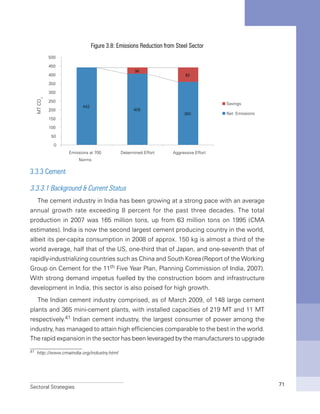 Sectoral Strategies 71
Figure 3.8: Emissions Reduction from Steel Sector
3.3.3 Cement
3.3.3.1 Background & Current Status
The cement industry in India has been growing at a strong pace with an average
annual growth rate exceeding 8 percent for the past three decades. The total
production in 2007 was 165 million tons, up from 63 million tons on 1995 (CMA
estimates). India is now the second largest cement producing country in the world,
albeit its per-capita consumption in 2008 of approx. 150 kg is almost a third of the
world average, half that of the US, one-third that of Japan, and one-seventh that of
rapidly-industrializing countries such as China and South Korea (Report of the Working
Group on Cement for the 11th Five Year Plan, Planning Commission of India, 2007).
With strong demand impetus fuelled by the construction boom and infrastructure
development in India, this sector is also poised for high growth.
The Indian cement industry comprised, as of March 2009, of 148 large cement
plants and 365 mini-cement plants, with installed capacities of 219 MT and 11 MT
respectively.41 Indian cement industry, the largest consumer of power among the
industry, has managed to attain high efficiencies comparable to the best in the world.
The rapid expansion in the sector has been leveraged by the manufacturers to upgrade
41 http://www.cmaindia.org/industry.html
 