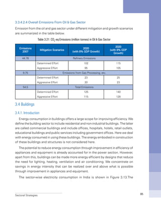 Sectoral Strategies 85
3.3.4.2.4 Overall Emissions From Oil & Gas Sector
Emission from the oil and gas sector under different mitigation and growth scenarios
are summarized in the table below.
Table 3.21: CO2
-eq Emissions (million tonnes) in Oil & Gas Sector
Emissions
2007
Mitigation Scenarios
2020
(with 8% GDP Growth)
2020
(with 9% GDP
Growth)
44.76 Refinery Emissions
Determined Effort 102 115
Aggressive Effort 95 105
9.75 Emissions from Gas Processing, etc.
Determined Effort 23 25
Aggressive Effort 20 23
54.5 Total Emissions
Determined Effort 125 140
Aggressive Effort 115 128
3.4 Buildings
3.4.1. Introduction
Energy consumption in buildings offers a large scope for improving efficiency. We
define the building sector to include residential and non-industrial buildings. The latter
are called commercial buildings and include offices, hospitals, hotels, retail outlets,
educational buildings and public services including government offices. Here we deal
with energy consumed in using these buildings. The energy embodied in construction
of these buildings and structures is not considered here.
The potential to reduce energy consumption through improvement in efficiency of
appliances and equipment is already accounted for in the power section. However,
apart from this, buildings can be made more energy efficient by designs that reduce
the need for lighting, heating, ventilation and air conditioning. We concentrate on
savings in energy intensity that can be realized over and above what is possible
through improvement in appliances and equipment.
The sector-wise electricity consumption in India is shown in Figure 3.13.The
 