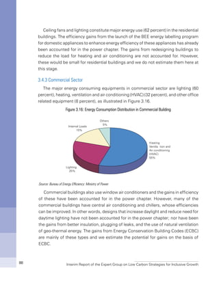 Interim Report of the Expert Group on Low Carbon Strategies for Inclusive Growth88
Ceiling fans and lighting constitute major energy use (62 percent) in the residential
buildings. The efficiency gains from the launch of the BEE energy labelling program
for domestic appliances to enhance energy efficiency of these appliances has already
been accounted for in the power chapter. The gains from redesigning buildings to
reduce the load for heating and air conditioning are not accounted for. However,
these would be small for residential buildings and we do not estimate them here at
this stage.
3.4.3 Commercial Sector
The major energy consuming equipments in commercial sector are lighting (60
percent), heating, ventilation and air conditioning (HVAC) (32 percent), and other office
related equipment (8 percent), as illustrated in Figure 3.16.
Figure 3.16: Energy Consumption Distribution in Commercial Building
Source: Bureau of Energy Efficiency: Ministry of Power
Commercial buildings also use window air conditioners and the gains in efficiency
of these have been accounted for in the power chapter. However, many of the
commercial buildings have central air conditioning and chillers, whose efficiencies
can be improved. In other words, designs that increase daylight and reduce need for
daytime lighting have not been accounted for in the power chapter; nor have been
the gains from better insulation, plugging of leaks, and the use of natural ventilation
of geo-thermal energy. The gains from Energy Conservation Building Codes (ECBC)
are mainly of these types and we estimate the potential for gains on the basis of
ECBC.
 