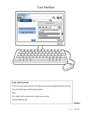 User Interface
P a g e 28 | 38
Order:
Login with Facebook:
If you lost your password you will open your account through Facebook account.
You will click login with Facebook button
Then
Give right email or password or login your account
And do different task.
 