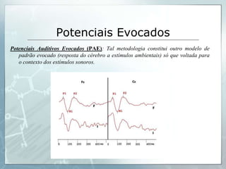 Potenciais Evocados
Potenciais Auditivos Evocados (PAE): Tal metodologia constitui outro modelo de
   padrão evocado (resposta do cérebro a estímulos ambientais) só que voltada para
   o contexto dos estímulos sonoros.
 