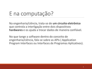 E na computação?
Na engenharia/ciência, trata-se de um circuito eletrônico
que controla a interligação entre dois dispositivos
hardwares e os ajuda a trocar dados de maneira confiável.
No que tange a software dentro do conceito de
engenharia/ciência, fala-se sobre as APIs ( Application
Program Interfaces ou Interfaces de Programas Aplicativos).
5
 