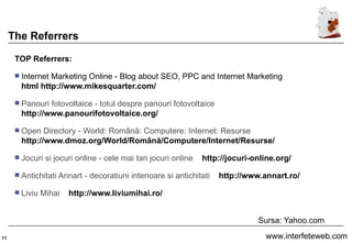 The Referrers TOP Referrers: Internet Marketing Online - Blog about SEO, PPC and Internet Marketing  html   http://www.mikesquarter.com/ Panouri fotovoltaice - totul despre panouri fotovoltaice  http://www.panourifotovoltaice.org/   Open Directory - World: Română: Computere: Internet: Resurse   http://www.dmoz.org/World/Română/Computere/Internet/Resurse/    Jocuri si jocuri online - cele mai tari jocuri online   http://jocuri-online.org/ Antichitati Annart - decoratiuni interioare si antichitati   http://www.annart.ro/   Liviu Mihai   http://www.liviumihai.ro/ Sursa: Yahoo.com 