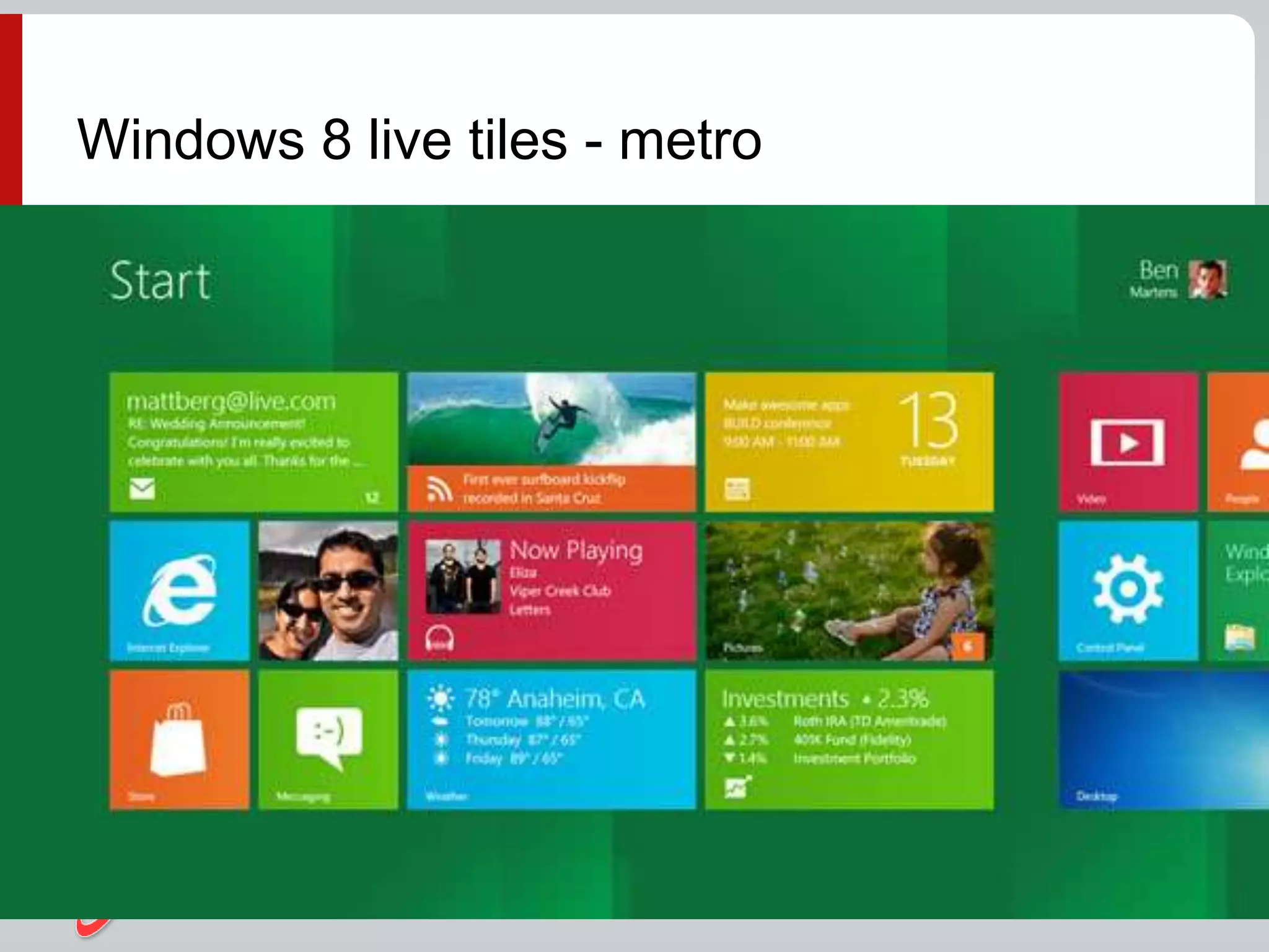  Eg. http://www.microsoft.com/presspass/features/2011/jun11/06-
01corporatenews.aspx
Windows 8 live tiles - metro
 