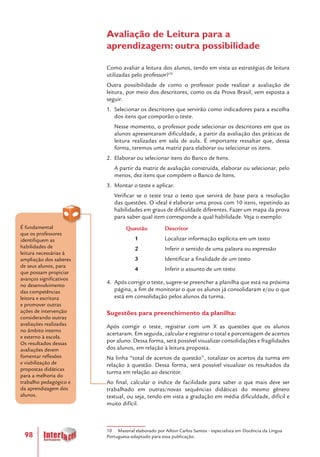 98
Avaliação de Leitura para a
aprendizagem: outra possibilidade
Como avaliar a leitura dos alunos, tendo em vista as estratégias de leitura
utilizadas pelo professor?10
Outra possibilidade de como o professor pode realizar a avaliação de
leitura, por meio dos descritores, como os da Prova Brasil, vem exposta a
seguir.
1.	 Selecionar os descritores que servirão como indicadores para a escolha
dos itens que comporão o teste.
Nesse momento, o professor pode selecionar os descritores em que os
alunos apresentaram dificuldade, a partir da avaliação das práticas de
leitura realizadas em sala de aula. É importante ressaltar que, dessa
forma, teremos uma matriz para elaborar ou selecionar os itens.
2.	 Elaborar ou selecionar itens do Banco de Itens.
A partir da matriz de avaliação construída, elaborar ou selecionar, pelo
menos, dez itens que compõem o Banco de Itens.
3.	 Montar o teste e aplicar.
Verificar se o teste traz o texto que servirá de base para a resolução
das questões. O ideal é elaborar uma prova com 10 itens, repetindo as
habilidades em graus de dificuldade diferentes. Fazer um mapa da prova
para saber qual item corresponde a qual habilidade. Veja o exemplo:
	 Questão	 Descritor
	 1		 Localizar informação explícita em um texto
	 2		 Inferir o sentido de uma palavra ou expressão
	 3		 Identificar a finalidade de um texto
	 4		 Inferir o assunto de um texto
4.	 Após corrigir o teste, sugere-se preencher a planilha que está na próxima
página, a fim de monitorar o que os alunos já consolidaram e/ou o que
está em consolidação pelos alunos da turma.
Sugestões para preenchimento da planilha:
Após corrigir o teste, registrar com um X as questões que os alunos
acertaram. Em seguida, calcular e registrar o total e porcentagem de acertos
por aluno. Dessa forma, será possível visualizar consolidações e fragilidades
dos alunos, em relação à leitura proposta.
Na linha “total de acertos da questão”, totalizar os acertos da turma em
relação à questão. Dessa forma, será possível visualizar os resultados da
turma em relação ao descritor.
Ao final, calcular o índice de facilidade para saber o que mais deve ser
trabalhado em outras/novas sequências didáticas do mesmo gênero
textual, ou seja, tendo em vista a gradação em média dificuldade, difícil e
muito difícil.
10 Material elaborado por Ailton Carlos Santos - especialista em Docência da Língua
Portuguesa-adaptado para essa publicação.	
É fundamental
que os professores
identifiquem as
habilidades de
leitura necessárias à
ampliação dos saberes
de seus alunos, para
que possam propiciar
avanços significativos
no desenvolvimento
das competências
leitora e escritora
e promover outras
ações de intervenção
considerando outras
avaliações realizadas
no âmbito interno
e externo à escola.
Os resultados dessas
avaliações devem
fomentar reflexões
e viabilização de
propostas didáticas
para a melhoria do
trabalho pedagógico e
da aprendizagem dos
alunos.
 