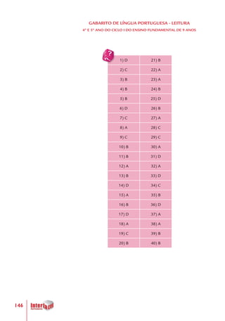 146
1) D 21) B
2) C 22) A
3) B 23) A
4) B 24) B
5) B 25) D
6) D 26) B
7) C 27) A
8) A 28) C
9) C 29) C
10) B 30) A
11) B 31) D
12) A 32) A
13) B 33) D
14) D 34) C
15) A 35) B
16) B 36) D
17) D 37) A
18) A 38) A
19) C 39) B
20) B 40) B
GABARITO DE LÍNGUA PORTUGUESA - LEITURA
4º E 5º ANO DO CICLO I DO ENSINO FUNDAMENTAL DE 9 ANOS
 