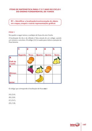 147
ITENS DE MATEMÁTICA PARA 4º E 5º ANO DO CICLO I
DO ENSINO FUNDAMENTAL DE 9 ANOS
D1 – Identificar a localização/movimentação de objeto
em mapas, croquis e outras representações gráficas
ITEM 1
No quadro a seguir temos o cardápio de frutas de uma Creche.
A localização do dia e da refeição é feita através de um código, usando
um número e uma letra. O código (3,C) é usado para indicar a posição da
fruta banana.
		
O código que corresponde à localização da fruta uva é
(A) (2,A).
(B) (2,B).
(C) (3,C).
(D) (1,B).
 