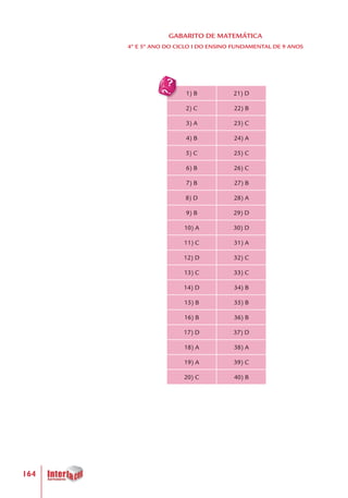 164
1) B 21) D
2) C 22) B
3) A 23) C
4) B 24) A
5) C 25) C
6) B 26) C
7) B 27) B
8) D 28) A
9) B 29) D
10) A 30) D
11) C 31) A
12) D 32) C
13) C 33) C
14) D 34) B
15) B 35) B
16) B 36) B
17) D 37) D
18) A 38) A
19) A 39) C
20) C 40) B
GABARITO DE MATEMÁTICA
4º E 5º ANO DO CICLO I DO ENSINO FUNDAMENTAL DE 9 ANOS
 