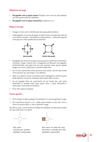 51
Objetivos do jogo
yy Do jogador com as peças suecas: Escapar, com o seu rei, até qualquer
um dos quatro lados do tabuleiro.
yy Do jogador com as peças moscovitas: Capturar o rei.
Regras do jogo
yy O jogo se inicia com a distribuição das peças pelo tabuleiro.
yy Cada jogador, na sua vez de jogar, só pode mover uma peça de cada vez
e da mesma maneira - horizontal ou verticalmente -, colocando apenas
uma peça em cada quadrícula do tabuleiro.
Assim pode		 Assim não pode
yy O jogador que está com as peças suecas executa o primeiro movimento,
iniciando o jogo. A partir daí, os jogadores se alternam nas jogadas,
movimentando uma peça por vez, por quantas casas quiser, passes
longos ou curtos, desde que o caminho esteja livre.
yy Ao rei não é permitido andar quantas casas quiser, ele tem que andar
uma casa por vez, até atingir o seu objetivo.
yy Após o rei deixar o trono, movimento que é obrigatório, nenhuma peça
pode deslocar-se para lá. Qualquer peça pode saltar o trono.
yy Se um jogador fizer um movimento, de tal modo que uma peça
adversária se localize entre duas peças suas, a peça adversária é
capturada e removida do tabuleiro.
yy O rei não captura ninguém.
Como ganhar
yy O rei atinge um lado qualquer do tabuleiro e os suecos ganham o jogo.
yy Os moscovitas cercam o rei – pelos quatro lados ou por três, com o
trono no quarto lado, e, assim, ganham o jogo.
No último caso, o trono pode se localizar em qualquer um dos quatro lados
da casa onde está o rei sueco.
							
Rei sueco
cercado por quatro
soldados moscovitas
Rei sueco ao lado da casa
do trono e cercado por três
soldados moscovitas
 
