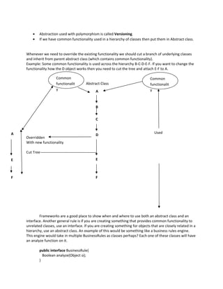 •   Abstraction used with polymorphism is called Versioning.
        •   If we have common functionality used in a hierarchy of classes then put them in Abstract class.


    Whenever we need to override the existing functionality we should cut a branch of underlying classes
    and inherit from parent abstract class (which contains common functionality).
    Example: Some common functionality is used across the hierarchy B-C-D-E-F. If you want to change the
    functionality how the D object works then you need to cut the tree and attach E-F to A.

                       Common                                                      Common
                       functionalit       Abstract Class                           functionalit
                       y                     AA                                    y
                                                A
                                              A

                                                B


                                                C


A                                                                                    Used
                                                D
    Overridden
    With new functionality

    Cut Tree
E                                               E



F                                               F




            Frameworks are a good place to show when and where to use both an abstract class and an
    interface. Another general rule is if you are creating something that provides common functionality to
    unrelated classes, use an interface. If you are creating something for objects that are closely related in a
    hierarchy, use an abstract class. An example of this would be something like a business rules engine.
    This engine would take in multiple BusinessRules as classes perhaps? Each one of these classes will have
    an analyze function on it.

            public interface BusinessRule{
              Boolean analyze(Object o);
            }
 