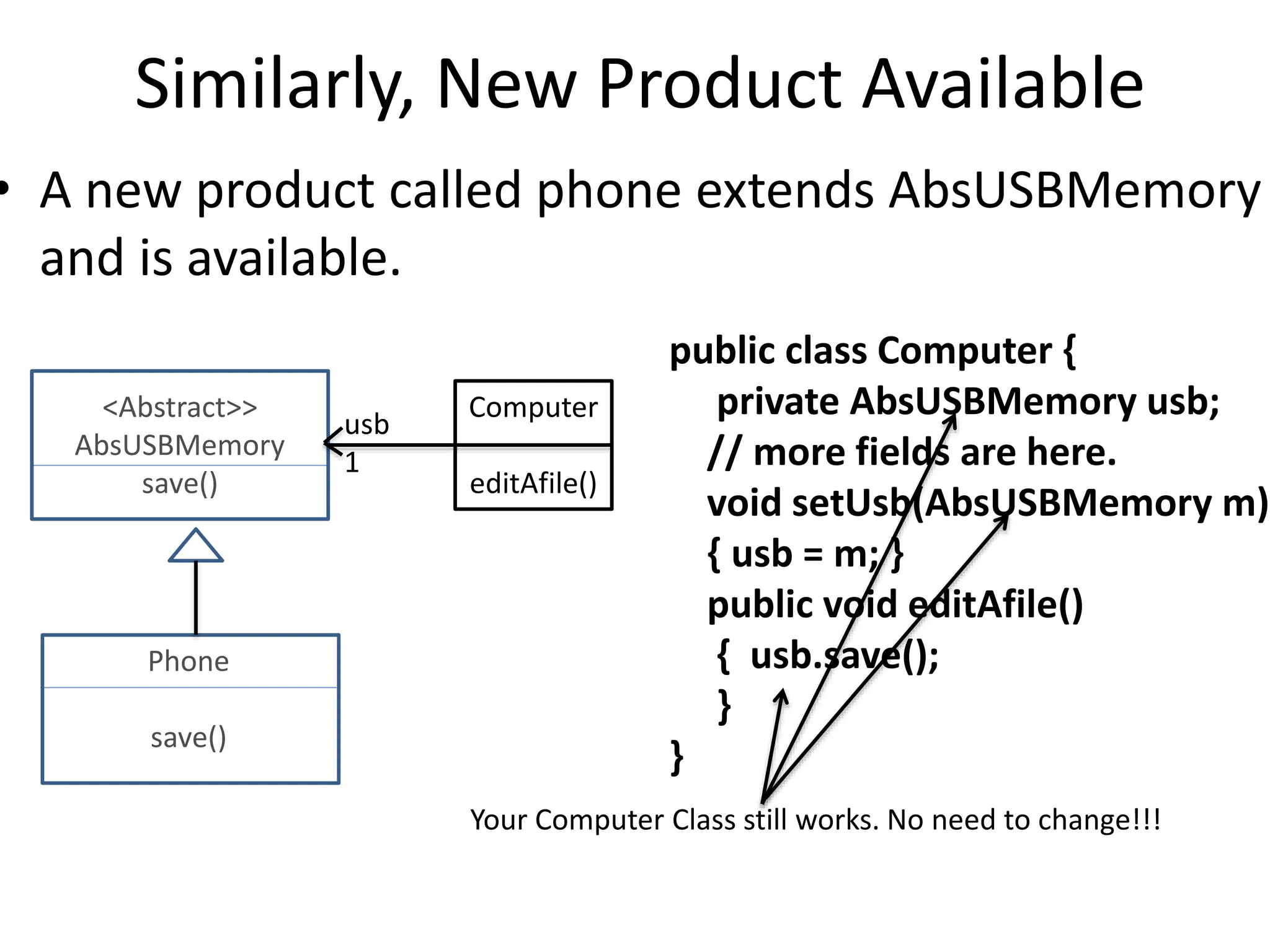 Similarly, New Product Available
• A new product called phone extends AbsUSBMemory
and is available.
<Abstract>>
AbsUSBMemory
save()
Phone
save()
Computer
editAfile()
usb
1
public class Computer {
private AbsUSBMemory usb;
// more fields are here.
void setUsb(AbsUSBMemory m)
{ usb = m; }
public void editAfile()
{ usb.save();
}
}
Your Computer Class still works. No need to change!!!
 