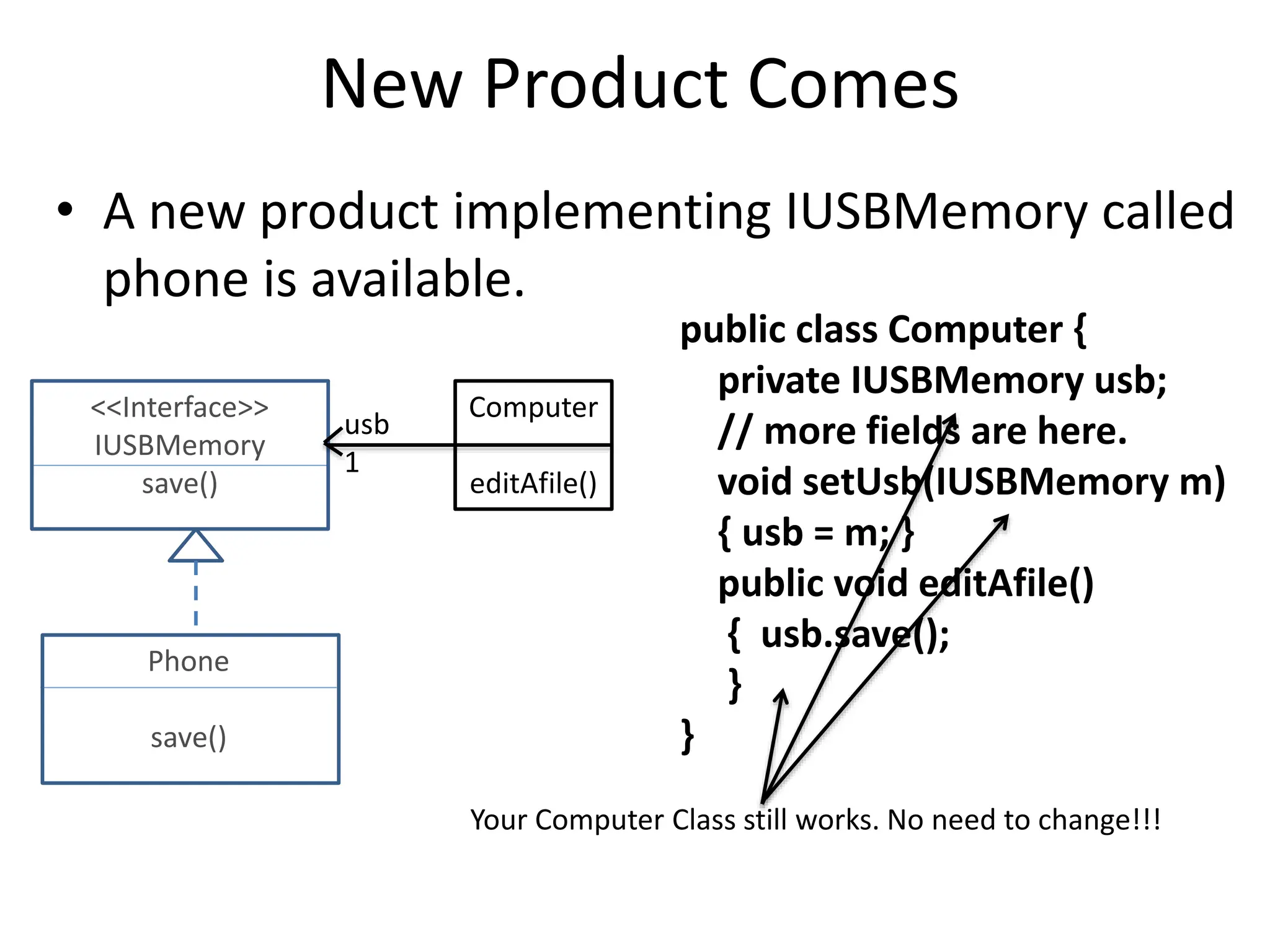 New Product Comes
• A new product implementing IUSBMemory called
phone is available.
<<Interface>>
IUSBMemory
save()
Phone
save()
Computer
editAfile()
usb
1
public class Computer {
private IUSBMemory usb;
// more fields are here.
void setUsb(IUSBMemory m)
{ usb = m; }
public void editAfile()
{ usb.save();
}
}
Your Computer Class still works. No need to change!!!
 