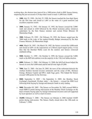 working days, the shortest time interval for a 1000 points climb in BSE Sensex history, 
surpassing the just set record of 29 days that it took to reach 11,000 from 10,000. 
· 1000, July 25, 1990 - On July 25, 1990, the Sensex touched the four-digit figure 
for the first time and closed at 1,001 in the wake of a good monsoon and 
excellent corporate results. 
· 2000, January 15, 1992 - On January 15, 1992, the Sensex crossed the 2,000- 
mark and closed at 2,020 followed by the liberal economic policy initiatives 
undertaken by the then finance minister and current Prime Minister Dr 
Manmohan Singh. 
· 3000, February 29, 1992 - On February 29, 1992, the Sensex surged past the 
3000 mark in the wake of the market-friendly Budget announced by the then 
Finance Minister, Dr Manmohan Singh. 
· 4000, March 30, 1992 - On March 30, 1992, the Sensex crossed the 4,000-mark 
and closed at 4,091 on the expectations of a liberal export-import policy. It was 
then that the Harshad Mehta scam hit the markets and Sensex witnessed 
unabated selling. 
· 5000, October 11, 1999 - On October 8, 1999, the Sensex crossed the 5,000- 
mark as the BJP-led coalition won the majority in the 13th Lok Sabha election. 
· 6000, February 11, 2000 - On February 11, 2000, the InfoTech boom helped the 
Sensex to cross the 6,000-mark and hit and all time high of 6,006. 
· 7000, June 21, 2005 - On June 20, 2005, the news of the settlement between the 
Ambani brothers boosted investor sentiments and the scrips of RIL, Reliance 
Energy, Reliance Capital and IPCL made huge gains. This helped the Sensex 
crossed 7,000 points for the first time. 
· 8000, September 8, 2005 - On September 8, 2005, the Bombay Stock 
Exchange's benchmark 30-share index -- the Sensex -- crossed the 8000 level 
following brisk buying by foreign and domestic funds in early trading. 
· 9000, December 09, 2005 - The Sensex on November 28, 2005 crossed 9000 to 
touch 9000.32 points during mid-session at the Bombay Stock Exchange on the 
back of frantic buying spree by foreign institutional investors and well supported 
by local operators as well as retail investors. 
· 10,000, February 7, 2006 - The Sensex on February 6, 2006 touched 10,003 
points during mid-session. The Sensex finally closed above the 10K-mark on 
February 7, 2006. 
110 
 