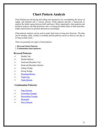 Chart Pattern Analysis 
Chart Patterns put all buying and selling into perspective by consolidating the forces of 
supply and demand into a concise picture. Chart patterns provide a framework to 
analyze the battle raging between bulls and bears. More importantly, chart patterns and 
technical analysis can help determine who is winning the battle (bear or bull) and allow 
traders and investors to position themselves accordingly. 
Chart patterns analysis can be used to make short term or long term forecasts. The data 
can be intraday, daily, weekly or monthly and the patterns can be as short as one day or 
as long as many years. 
There are generally two types of chart patterns 
1. Reversal Chart Patterns 
2. Continuation chart patterns. 
Reversal Patterns: 
 Double Top 
 Double Bottom 
 Head and Shoulders Top 
 Head and Shoulders Bottom 
 Falling Wedge 
 Rising Wedge 
 Rounding Bottom 
 Triple Top 
 Triple Bottom 
Continuation Patterns: 
 Flag, Pennant 
 Ascending Triangle 
 Descending Triangle 
 Rectangle 
 Price Channel 
37 
 