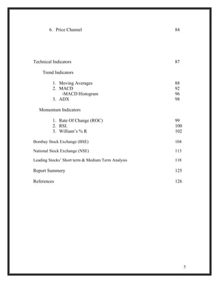 6. Price Channel 84 
Technical Indicators 87 
Trend Indicators 
1. Moving Averages 88 
2. MACD 92 
-MACD Histogram 96 
3. ADX 98 
Momentum Indicators 
1. Rate Of Change (ROC) 99 
2. RSI. 100 
3. William’s % R 102 
Bombay Stock Exchange (BSE) 104 
National Stock Exchange (NSE) 113 
Leading Stocks’ Short term & Medium Term Analysis 118 
Report Summery 125 
References 126 
5 
 