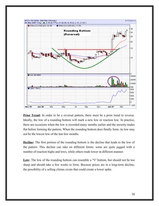 Prior Trend: In order to be a reversal pattern, there must be a prior trend to reverse. 
Ideally, the low of a rounding bottom will mark a new low or reaction low. In practice, 
there are occasions when the low is recorded many months earlier and the security trades 
flat before forming the pattern. When the rounding bottom does finally form, its low may 
not be the lowest low of the last few months. 
Decline: The first portion of the rounding bottom is the decline that leads to the low of 
the pattern. This decline can take on different forms: some are quite jagged with a 
number of reaction highs and lows, while others trade lower in different manner. 
Low: The low of the rounding bottom can resemble a "V' bottom, but should not be too 
sharp and should take a few weeks to form. Because prices are in a long-term decline, 
the possibility of a selling climax exists that could create a lower spike. 
58 
 