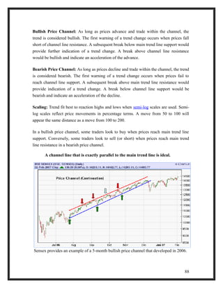 Bullish Price Channel: As long as prices advance and trade within the channel, the 
trend is considered bullish. The first warning of a trend change occurs when prices fall 
short of channel line resistance. A subsequent break below main trend line support would 
provide further indication of a trend change. A break above channel line resistance 
would be bullish and indicate an acceleration of the advance. 
Bearish Price Channel: As long as prices decline and trade within the channel, the trend 
is considered bearish. The first warning of a trend change occurs when prices fail to 
reach channel line support. A subsequent break above main trend line resistance would 
provide indication of a trend change. A break below channel line support would be 
bearish and indicate an acceleration of the decline. 
Scaling: Trend fit best to reaction highs and lows when semi-log scales are used. Semi-log 
scales reflect price movements in percentage terms. A move from 50 to 100 will 
appear the same distance as a move from 100 to 200. 
In a bullish price channel, some traders look to buy when prices reach main trend line 
support. Conversely, some traders look to sell (or short) when prices reach main trend 
line resistance in a bearish price channel. 
A channel line that is exactly parallel to the main trend line is ideal. 
Sensex provides an example of a 5-month bullish price channel that developed in 2006. 
88 
 