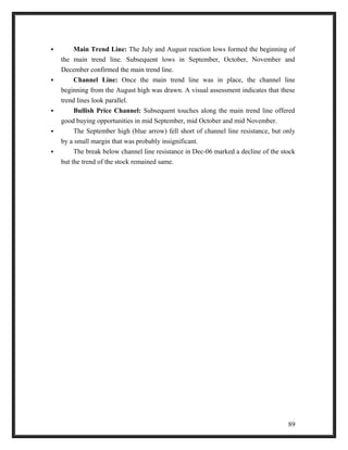  Main Trend Line: The July and August reaction lows formed the beginning of 
the main trend line. Subsequent lows in September, October, November and 
December confirmed the main trend line. 
 Channel Line: Once the main trend line was in place, the channel line 
beginning from the August high was drawn. A visual assessment indicates that these 
trend lines look parallel. 
 Bullish Price Channel: Subsequent touches along the main trend line offered 
good buying opportunities in mid September, mid October and mid November. 
 The September high (blue arrow) fell short of channel line resistance, but only 
by a small margin that was probably insignificant. 
 The break below channel line resistance in Dec-06 marked a decline of the stock 
but the trend of the stock remained same. 
89 
 