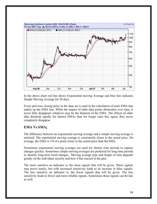 In the above chart red line shows Exponential moving Average and blue line indicates 
Simple Moving Average for 20 days. 
Every previous closing price in the data set is used in the calculation of each EMA that 
makes up the EMA line. While the impact of older data points diminishes over time, it 
never fully disappears whatever may be the duration of the EMA. The effects of older 
data diminish rapidly for shorter EMAs than for longer ones but, again, they never 
completely disappear. 
EMA Vs SMA: 
The difference between an exponential moving average and a simple moving average is 
minimal. The exponential moving average is consistently closer to the actual price. On 
average, the EMA is 3/8 of a point closer to the actual price than the SMA. 
Sometimes exponential moving averages are used for shorter time periods to capture 
changes quicker. Sometimes simple moving averages are preferred for long time periods 
to identify long-term trend changes. Moving average type and length of time depends 
greatly on the individual security and how it has reacted in the past. 
The more sensitive an indicator is, the more signals that will be given. These signals 
may prove timely, but with increased sensitivity leads to an increase in false signals. 
The less sensitive an indicator is, the fewer signals that will be given. The less 
sensitivity leads to fewer and more reliable signals. Sometimes these signals can be late 
as well. 
94 
 