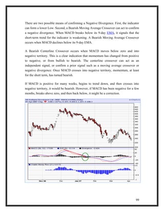 There are two possible means of confirming a Negative Divergence. First, the indicator 
can form a lower Low. Second, a Bearish Moving Average Crossover can act to confirm 
a negative divergence. When MACD breaks below its 9-day EMA, it signals that the 
short-term trend for the indicator is weakening. A Bearish Moving Average Crossover 
occurs when MACD declines below its 9-day EMA. 
A Bearish Centerline Crossover occurs when MACD moves below zero and into 
negative territory. This is a clear indication that momentum has changed from positive 
to negative, or from bullish to bearish. The centerline crossover can act as an 
independent signal, or confirm a prior signal such as a moving average crossover or 
negative divergence. Once MACD crosses into negative territory, momentum, at least 
for the short term, has turned bearish. 
If MACD is positive for many weeks, begins to trend down, and then crosses into 
negative territory, it would be bearish. However, if MACD has been negative for a few 
months, breaks above zero, and then back below, it might be a correction. 
99 
 