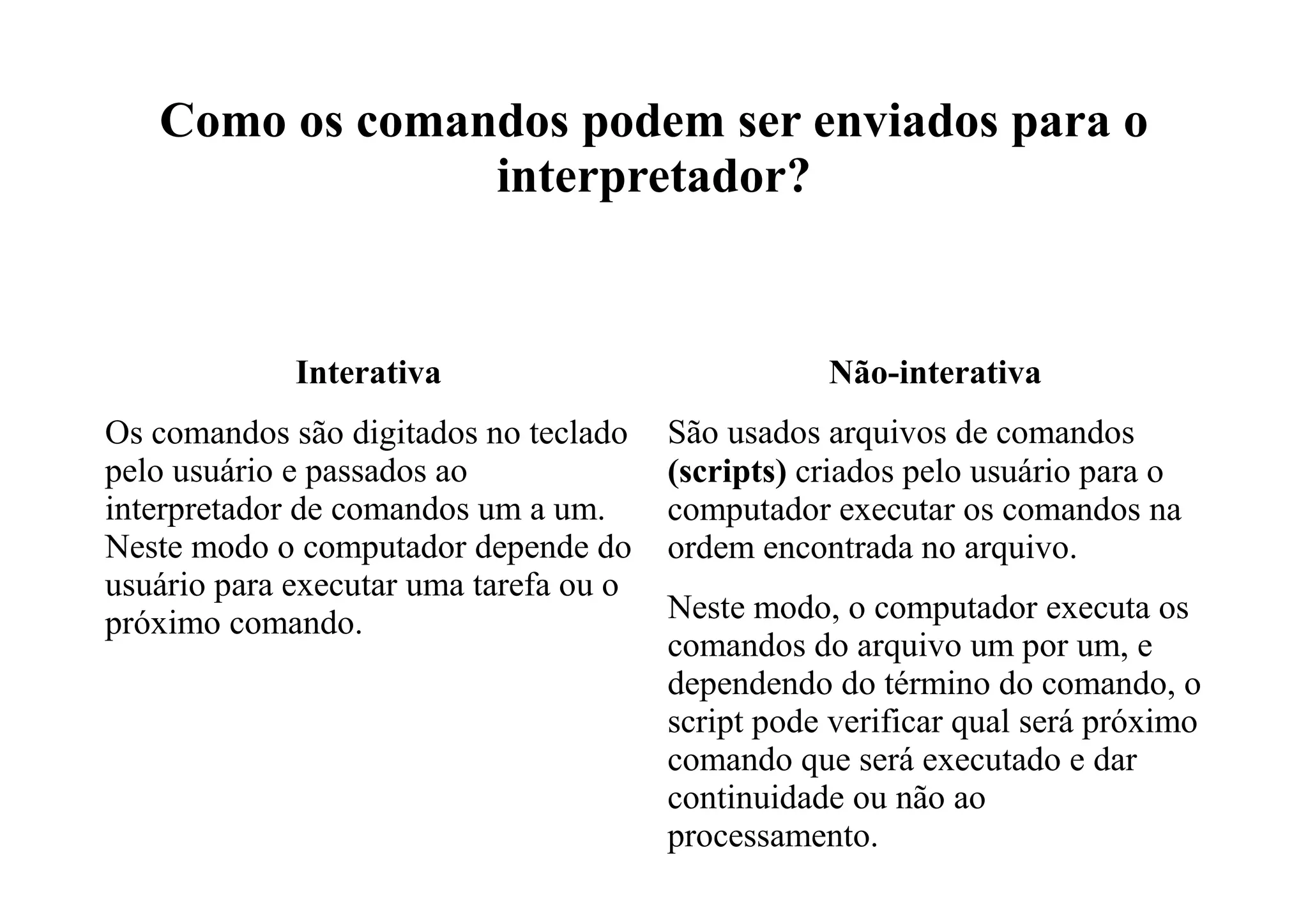 Como os comandos podem ser enviados para o
interpretador?
Interativa
Os comandos são digitados no teclado
pelo usuário e passados ao
interpretador de comandos um a um.
Neste modo o computador depende do
usuário para executar uma tarefa ou o
próximo comando.
Não-interativa
São usados arquivos de comandos
(scripts) criados pelo usuário para o
computador executar os comandos na
ordem encontrada no arquivo.
Neste modo, o computador executa os
comandos do arquivo um por um, e
dependendo do término do comando, o
script pode verificar qual será próximo
comando que será executado e dar
continuidade ou não ao
processamento.
 