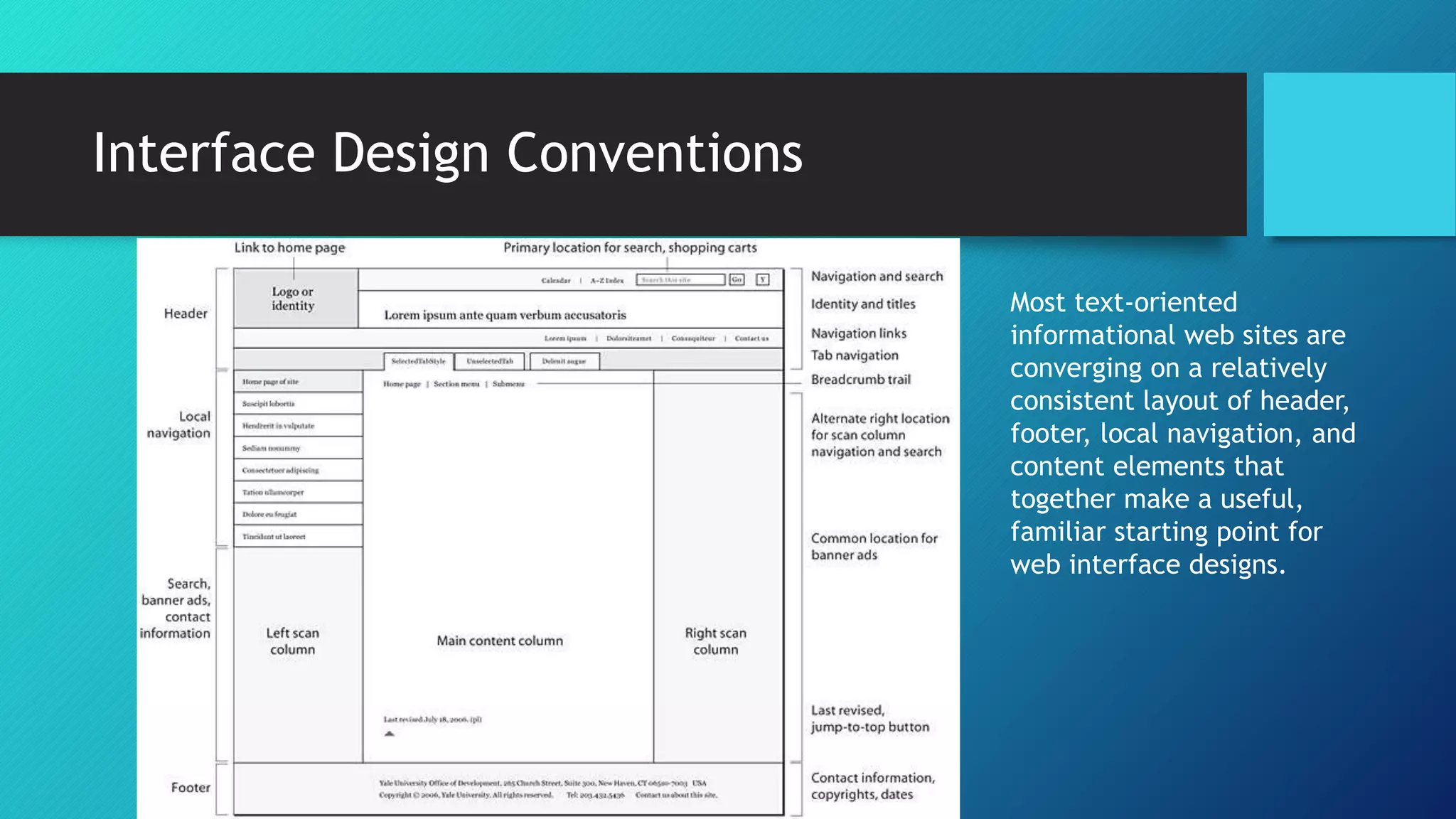 Interface Design Conventions 
Most text-oriented 
informational web sites are 
converging on a relatively 
consistent layout of header, 
footer, local navigation, and 
content elements that 
together make a useful, 
familiar starting point for 
web interface designs. 
 