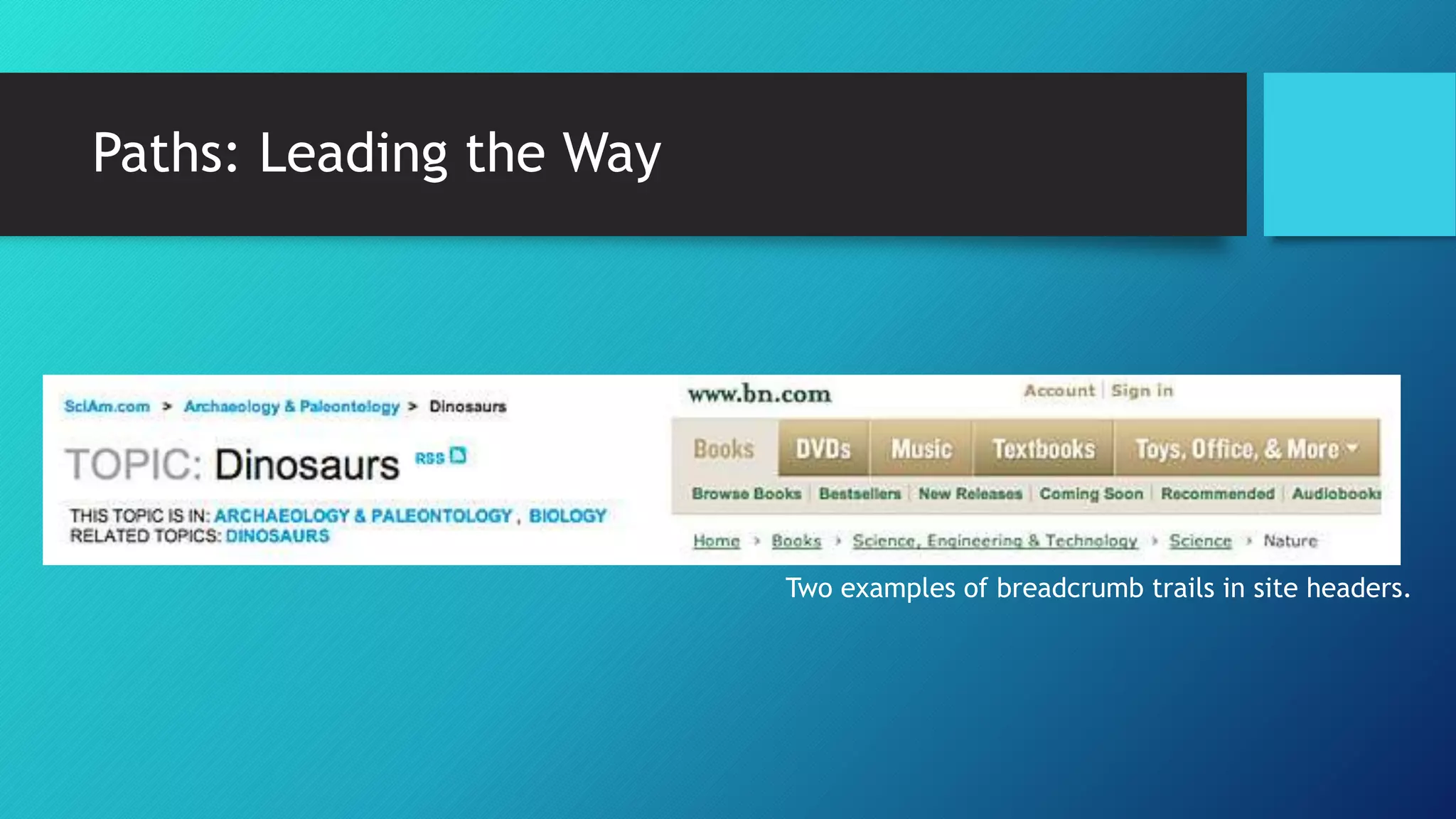 Paths: Leading the Way 
Two examples of breadcrumb trails in site headers. 
 