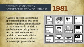 1981
DESENVOLVIMENTO DA
INTERFACE GRÁFICA DO USUÁRIO
A Xerox apresenta o sistema
operacional gráﬁco Star com
interface gráﬁca, simpliﬁcando
os movimentos do usuário e
estabelecendo, pela primeira
vez, uma série de ícones
herdeiros dos sinais viários
que funcionam como sinais
para navegar pelo sistema.
 