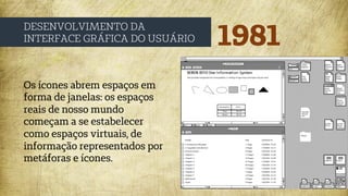 1981
DESENVOLVIMENTO DA
INTERFACE GRÁFICA DO USUÁRIO
Os ícones abrem espaços em
forma de janelas: os espaços
reais de nosso mundo
começam a se estabelecer
como espaços virtuais, de
informação representados por
metáforas e ícones.
 