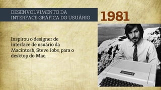 1981
DESENVOLVIMENTO DA
INTERFACE GRÁFICA DO USUÁRIO
Inspirou o designer de
interface de usuário da
Macintosh, Steve Jobs, para o
desktop do Mac.
 