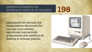 198
4
DESENVOLVIMENTO DA
INTERFACE GRÁFICA DO USUÁRIO
Lançamento no mercado dos
computadores Macintosh fez
com que o seu sistema
operacional representado
graﬁcamente pela metáfora do
desktop se tornasse popular.
 