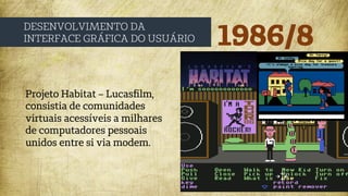 1986/8
DESENVOLVIMENTO DA
INTERFACE GRÁFICA DO USUÁRIO
Projeto Habitat – Lucasﬁlm,
consistia de comunidades
virtuais acessíveis a milhares
de computadores pessoais
unidos entre si via modem.
 