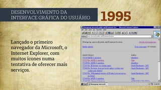 1995
DESENVOLVIMENTO DA
INTERFACE GRÁFICA DO USUÁRIO
Lançado o primeiro
navegador da Microsoft, o
Internet Explorer, com
muitos ícones numa
tentativa de oferecer mais
serviços.
 