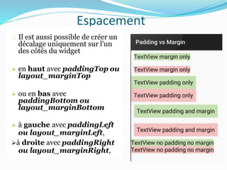 Espacement
Il est aussi possible de créer un
décalage uniquement sur l'un
des côtés du widget
 en haut avec paddingTop ou
layout_marginTop
 ou en bas avec
paddingBottom ou
layout_marginBottom
 à gauche avec paddingLeft
ou layout_marginLeft,
à droite avec paddingRight
ou layout_marginRight,
 
