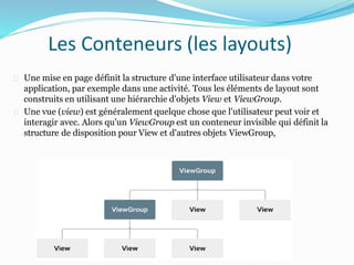Les Conteneurs (les layouts)
Une mise en page définit la structure d'une interface utilisateur dans votre
application, par exemple dans une activité. Tous les éléments de layout sont
construits en utilisant une hiérarchie d'objets View et ViewGroup.
Une vue (view) est généralement quelque chose que l'utilisateur peut voir et
interagir avec. Alors qu'un ViewGroup est un conteneur invisible qui définit la
structure de disposition pour View et d'autres objets ViewGroup,
 
